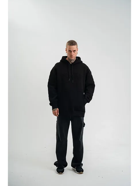 Double Oversize Kapşonlu Nakışlı Sweatshirt - Siyah