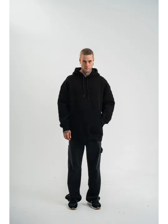 Double Oversize Kapşonlu Nakışlı Sweatshirt - Siyah