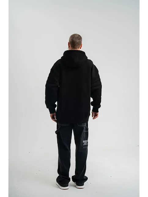 Double Oversize Kapşonlu Nakışlı Sweatshirt - Siyah