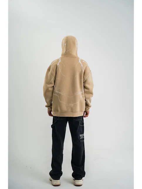 Erkek Şimşek Baskılı Kapşonlu Sweatshirt Üç İplik Pamuklu Kanguru Cepli Double Oversize Hoodie - Bej