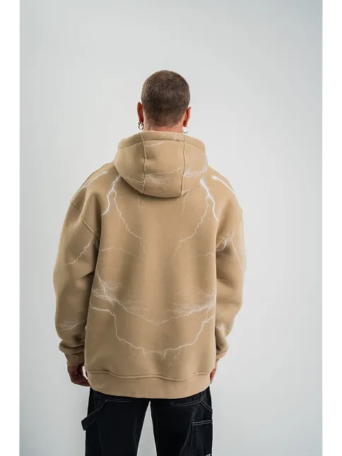 Erkek Şimşek Baskılı Kapşonlu Sweatshirt Üç İplik Pamuklu Kanguru Cepli Double Oversize Hoodie - Bej