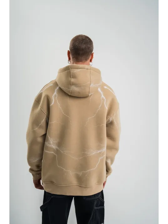 Double Oversize Kapşonlu Şimşek Pano Baskılı SweatShirt - Bej Double Oversize Kapşonlu Şimşek Pano Baskılı SweatShirt - Bej