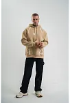 Erkek Şimşek Baskılı Kapşonlu Sweatshirt Üç İplik Pamuklu Kanguru Cepli Double Oversize Hoodie - Bej
