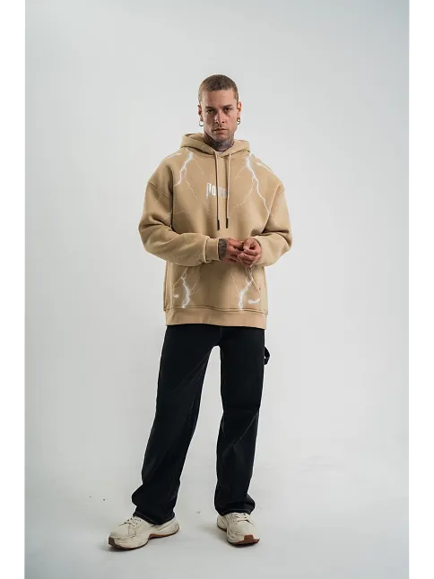 Erkek Şimşek Baskılı Kapşonlu Sweatshirt Üç İplik Pamuklu Kanguru Cepli Double Oversize Hoodie - Bej