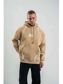 Erkek Şimşek Baskılı Kapşonlu Sweatshirt Üç İplik Pamuklu Kanguru Cepli Double Oversize Hoodie - Bej
