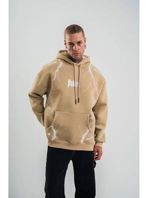 Erkek Şimşek Baskılı Kapşonlu Sweatshirt Üç İplik Pamuklu Kanguru Cepli Double Oversize Hoodie - Bej
