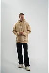 Erkek Şimşek Baskılı Kapşonlu Sweatshirt Üç İplik Pamuklu Kanguru Cepli Double Oversize Hoodie - Bej