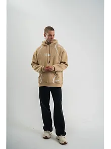 Erkek Şimşek Baskılı Kapşonlu Sweatshirt Üç İplik Pamuklu Kanguru Cepli Double Oversize Hoodie - Bej