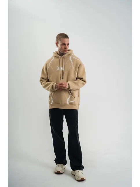 Erkek Şimşek Baskılı Kapşonlu Sweatshirt Üç İplik Pamuklu Kanguru Cepli Double Oversize Hoodie - Bej