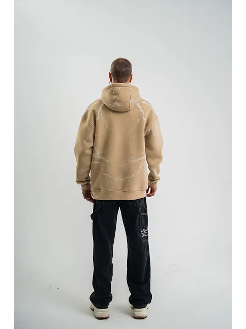 Erkek Şimşek Baskılı Kapşonlu Sweatshirt Üç İplik Pamuklu Kanguru Cepli Double Oversize Hoodie - Bej