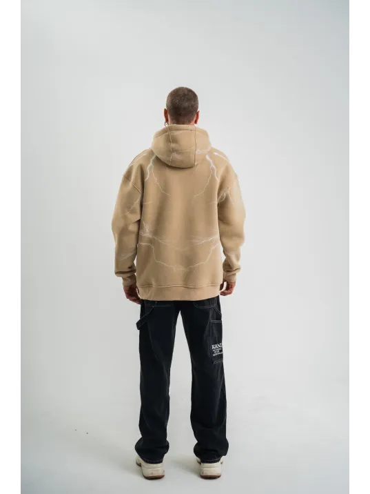 Double Oversize Kapşonlu Şimşek Pano Baskılı SweatShirt - Bej Double Oversize Kapşonlu Şimşek Pano Baskılı SweatShirt - Bej