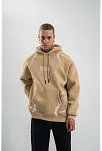 Erkek Şimşek Baskılı Kapşonlu Sweatshirt Üç İplik Pamuklu Kanguru Cepli Double Oversize Hoodie - Bej