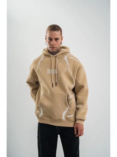 Erkek Şimşek Baskılı Kapşonlu Sweatshirt Üç İplik Pamuklu Kanguru Cepli Double Oversize Hoodie - Bej