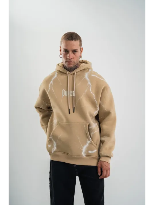Double Oversize Kapşonlu Şimşek Pano Baskılı SweatShirt - Bej Double Oversize Kapşonlu Şimşek Pano Baskılı SweatShirt - Bej