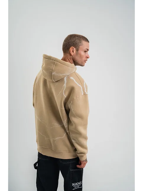 Erkek Şimşek Baskılı Kapşonlu Sweatshirt Üç İplik Pamuklu Kanguru Cepli Double Oversize Hoodie - Bej