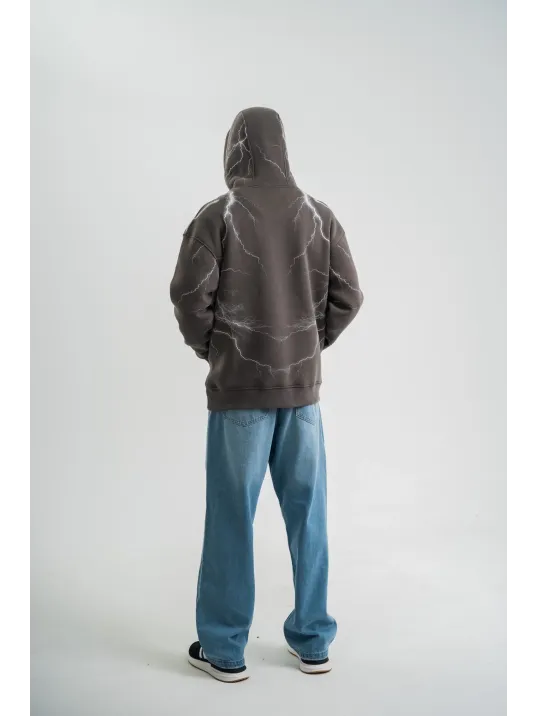 Double Oversize Kapşonlu Şimşek Pano Baskılı SweatShirt - Füme Double Oversize Kapşonlu Şimşek Pano Baskılı SweatShirt - Füme