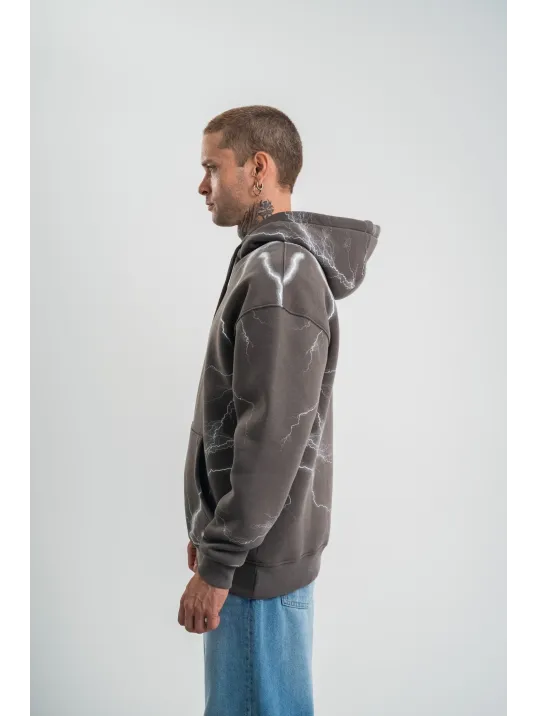 Double Oversize Kapşonlu Şimşek Pano Baskılı SweatShirt - Füme Double Oversize Kapşonlu Şimşek Pano Baskılı SweatShirt - Füme