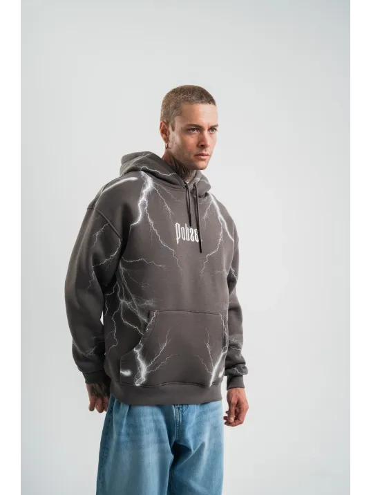 Double Oversize Kapşonlu Şimşek Pano Baskılı SweatShirt - Füme Double Oversize Kapşonlu Şimşek Pano Baskılı SweatShirt - Füme