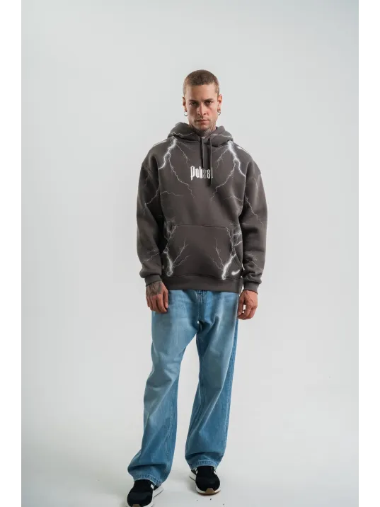 Double Oversize Kapşonlu Şimşek Pano Baskılı SweatShirt - Füme Double Oversize Kapşonlu Şimşek Pano Baskılı SweatShirt - Füme
