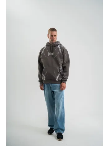 Double Oversize Kapşonlu Şimşek Pano Baskılı SweatShirt - Füme Double Oversize Kapşonlu Şimşek Pano Baskılı SweatShirt - Füme