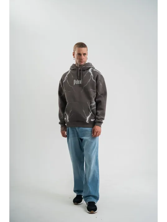 Double Oversize Kapşonlu Şimşek Pano Baskılı SweatShirt - Füme Double Oversize Kapşonlu Şimşek Pano Baskılı SweatShirt - Füme