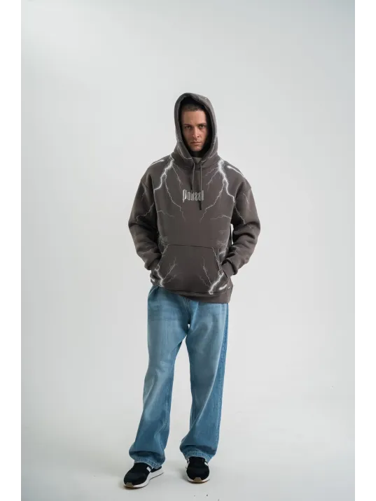 Double Oversize Kapşonlu Şimşek Pano Baskılı SweatShirt - Füme Double Oversize Kapşonlu Şimşek Pano Baskılı SweatShirt - Füme