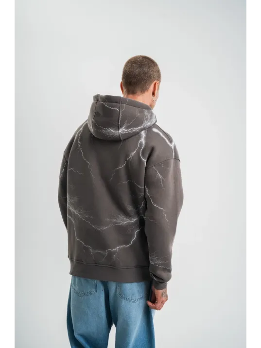 Double Oversize Kapşonlu Şimşek Pano Baskılı SweatShirt - Füme Double Oversize Kapşonlu Şimşek Pano Baskılı SweatShirt - Füme