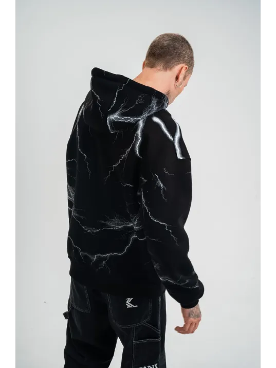 Double Oversize Kapşonlu Şimşek Pano Baskılı SweatShirt - Siyah Double Oversize Kapşonlu Şimşek Pano Baskılı SweatShirt - Siyah
