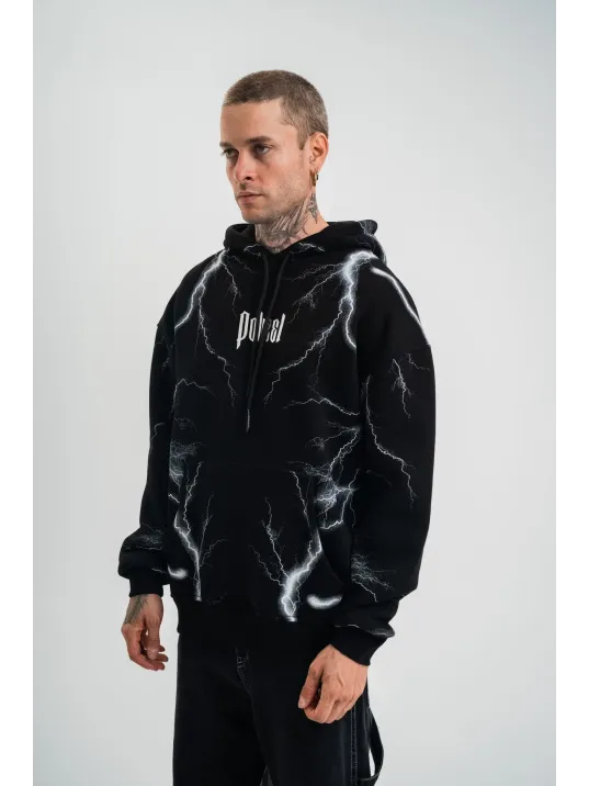 Double Oversize Kapşonlu Şimşek Pano Baskılı SweatShirt - Siyah Double Oversize Kapşonlu Şimşek Pano Baskılı SweatShirt - Siyah