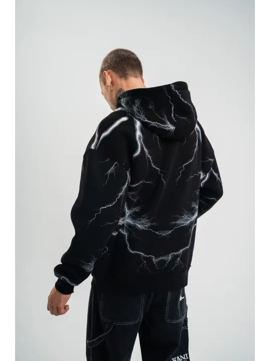 Double Oversize Kapşonlu Şimşek Pano Baskılı SweatShirt - Siyah Double Oversize Kapşonlu Şimşek Pano Baskılı SweatShirt - Siyah