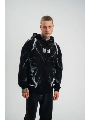 Double Oversize Kapşonlu Şimşek Pano Baskılı SweatShirt - Siyah Double Oversize Kapşonlu Şimşek Pano Baskılı SweatShirt - Siyah