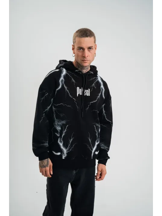 Double Oversize Kapşonlu Şimşek Pano Baskılı SweatShirt - Siyah Double Oversize Kapşonlu Şimşek Pano Baskılı SweatShirt - Siyah