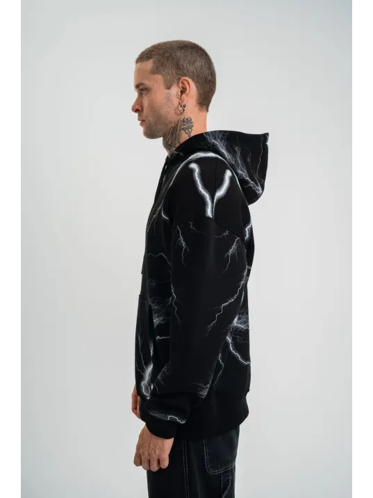 Double Oversize Kapşonlu Şimşek Pano Baskılı SweatShirt - Siyah Double Oversize Kapşonlu Şimşek Pano Baskılı SweatShirt - Siyah