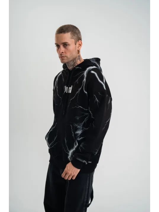 Double Oversize Kapşonlu Şimşek Pano Baskılı SweatShirt - Siyah Double Oversize Kapşonlu Şimşek Pano Baskılı SweatShirt - Siyah