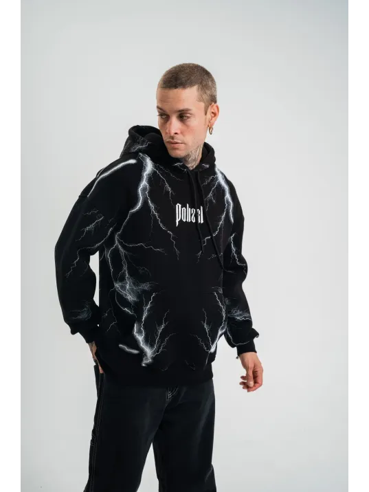 Double Oversize Kapşonlu Şimşek Pano Baskılı SweatShirt - Siyah Double Oversize Kapşonlu Şimşek Pano Baskılı SweatShirt - Siyah