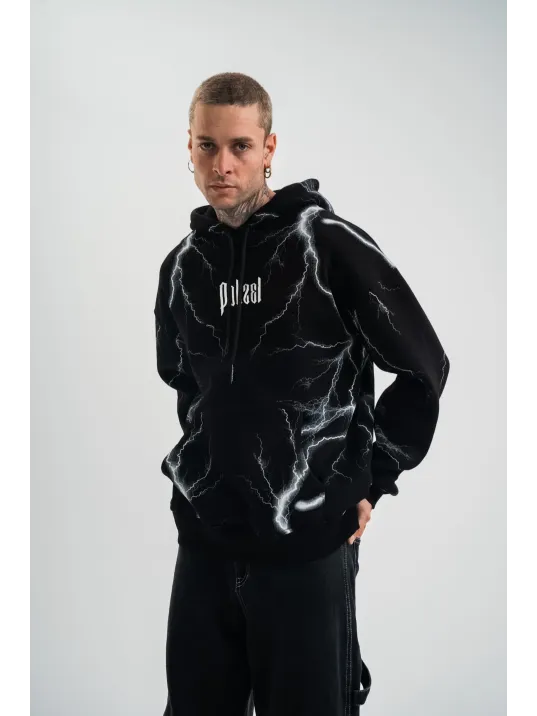 Double Oversize Kapşonlu Şimşek Pano Baskılı SweatShirt - Siyah Double Oversize Kapşonlu Şimşek Pano Baskılı SweatShirt - Siyah