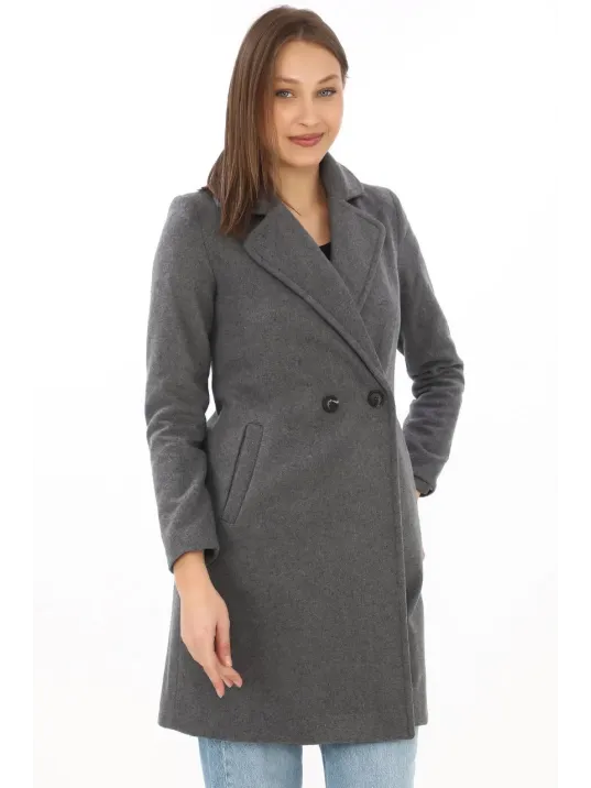 Kadın Kaşe Kaban – Siyah Yünlü Dokuma, Kruvaze Yaka, Astarlı, Cepli, Kuşaklı Uzun Boy Tesettür Uyumlu Kışlık Şık Kaban - Füme