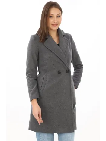 Kadın Kaşe Kaban – Siyah Yünlü Dokuma, Kruvaze Yaka, Astarlı, Cepli, Kuşaklı Uzun Boy Tesettür Uyumlu Kışlık Şık Kaban - Füme