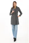 Kadın Kaşe Kaban – Siyah Yünlü Dokuma, Kruvaze Yaka, Astarlı, Cepli, Kuşaklı Uzun Boy Tesettür Uyumlu Kışlık Şık Kaban - Füme