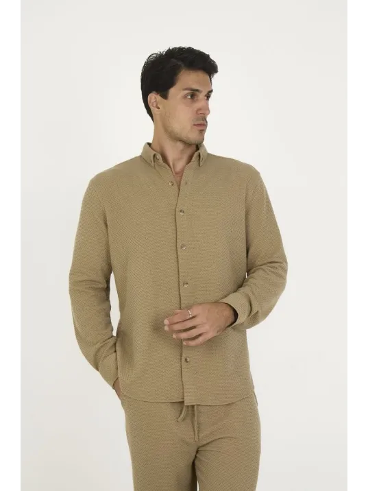 Düğmeli Tam Kalıp Uzun Kol Jakar Gömlek - Kahverengi Düğmeli Tam Kalıp Uzun Kol Jakar Gömlek - Kahverengi