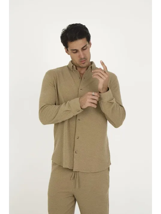 Düğmeli Tam Kalıp Uzun Kol Jakar Gömlek - Kahverengi Düğmeli Tam Kalıp Uzun Kol Jakar Gömlek - Kahverengi