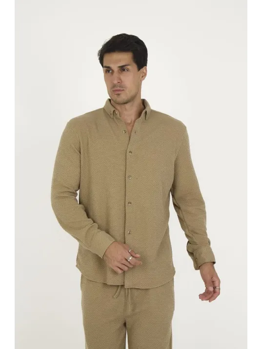 Düğmeli Tam Kalıp Uzun Kol Jakar Gömlek - Kahverengi Düğmeli Tam Kalıp Uzun Kol Jakar Gömlek - Kahverengi