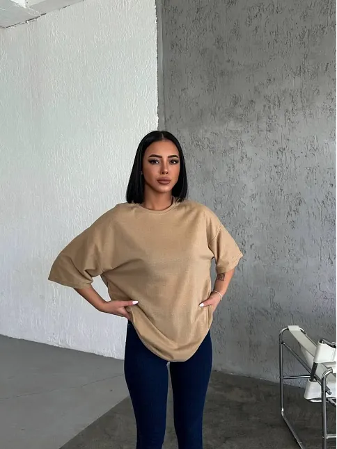 Kadın Düz T-shirt Kısa Kol Bisiklet Yaka Ovarsize Rahat Kalıp Günlük Tişört - Bej