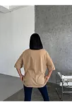 Kadın Düz T-shirt Kısa Kol Bisiklet Yaka Ovarsize Rahat Kalıp Günlük Tişört - Bej