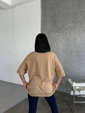 Kadın Düz T-shirt Kısa Kol Bisiklet Yaka Ovarsize Rahat Kalıp Günlük Tişört - Bej