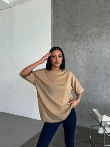 Kadın Düz T-shirt Kısa Kol Bisiklet Yaka Ovarsize Rahat Kalıp Günlük Tişört - Bej