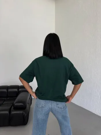 Kadın Düz T-shirt Kısa Kol Bisiklet Yaka  Ovarsize Rahat Kalıp Günlük Tişört  - Haki