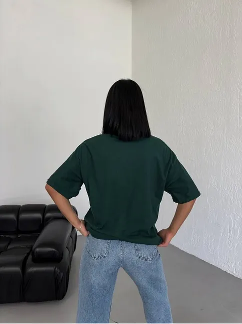 Kadın Düz T-shirt Kısa Kol Bisiklet Yaka  Ovarsize Rahat Kalıp Günlük Tişört  - Haki