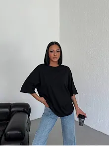 Kadın Düz T-shirt Kısa Kol Bisiklet Yaka Ovarsize Rahat Kalıp Günlük Tişört - Siyah