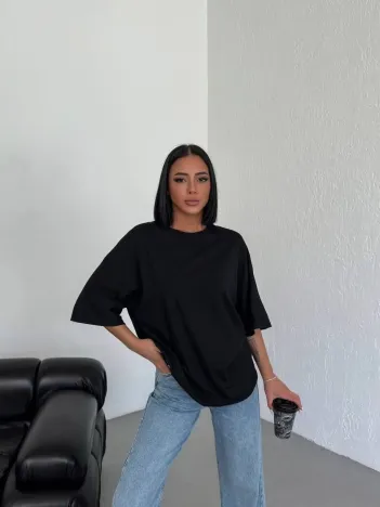 Kadın Düz T-shirt Kısa Kol Bisiklet Yaka Ovarsize Rahat Kalıp Günlük Tişört - Siyah